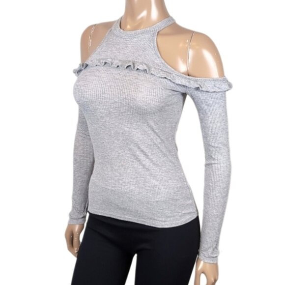 3/$20 Shelly Long Sleeve Fitted Ribbed Top Ruffled Cold Shoulder High Neck Knit - Picture 1 of 12